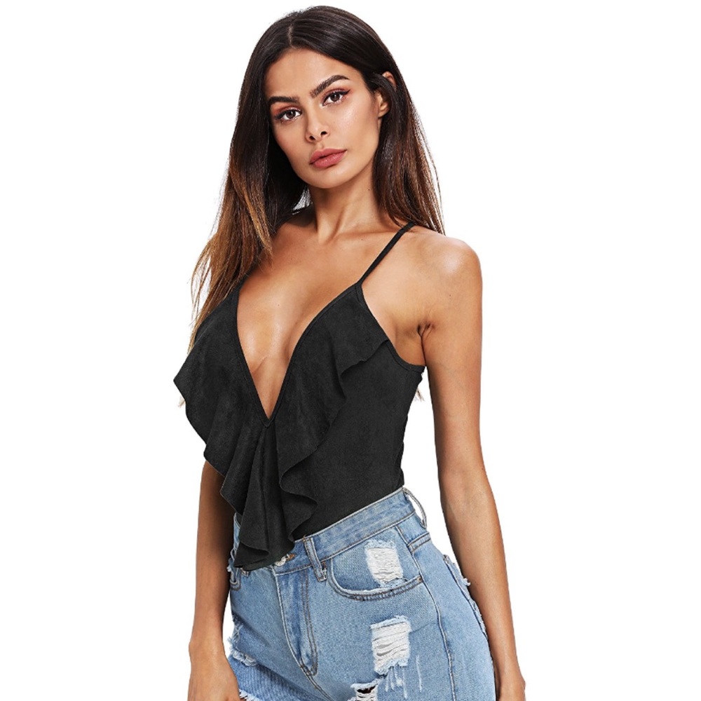 💥 SALE Plunging Ruffled Sueded Racerback Bodysuit - Picture 3 of 6